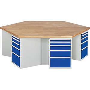 Gruppenwerkbank, Breite 270 cm, Tiefe 234 cm, Höhe 85 cm, 30 Schublade(n), Platte: Buche-Riegel