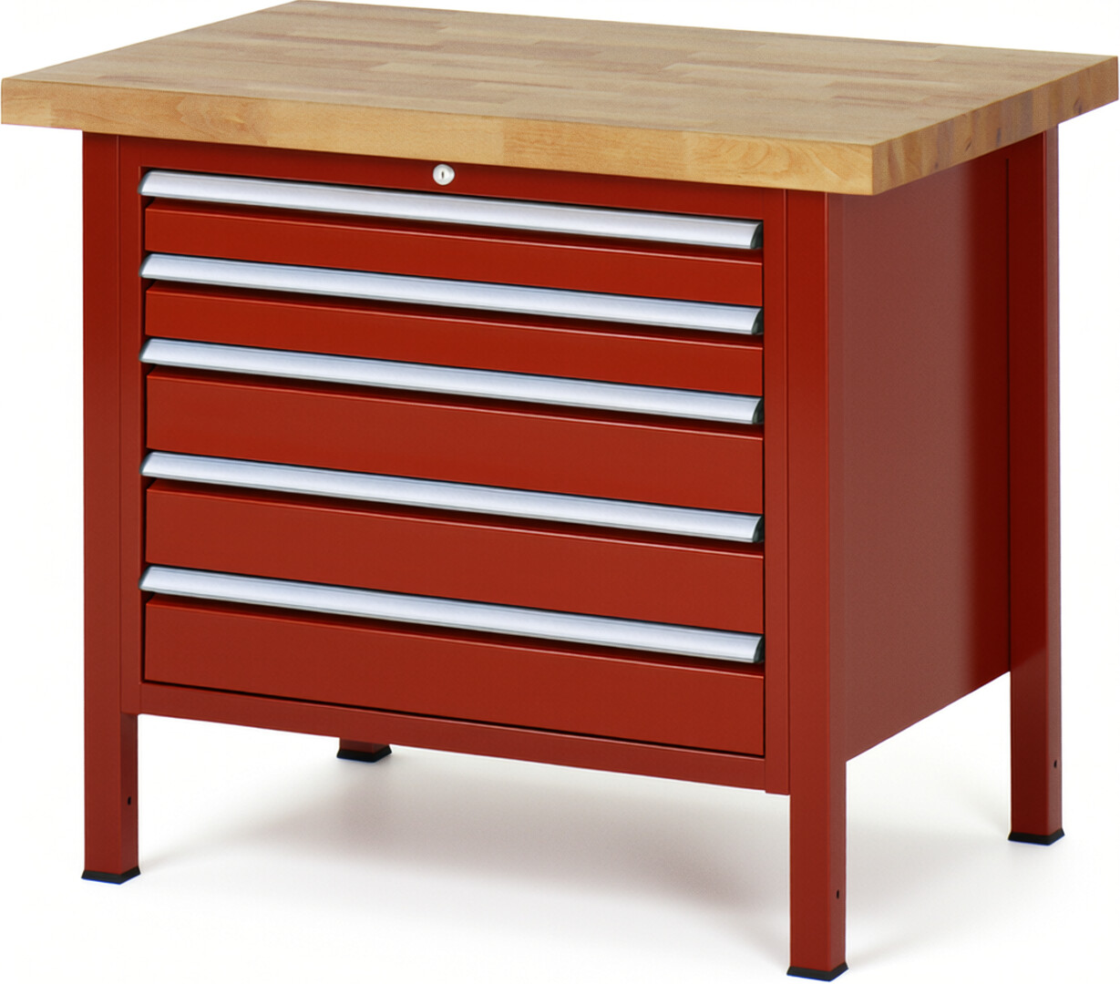 Werkbank Modell 8271 rot, BxTxH 1000x700x840-1040 mm,  Buche-Massiv Arbeitsplatte 40 mm,  5 Schubladen mit  Vollauszug 100 % und  SoftClosing