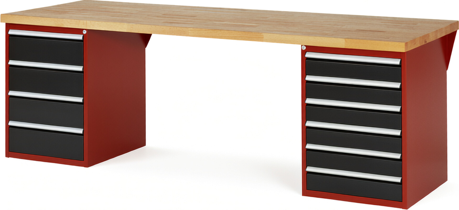Werkbank Modell 7821 rot - schwarz, BxTxH 2500x900x890 mm,  Buche-Massiv Arbeitsplatte 40 mm,  10 Schubladen mit  Auszug 90 %