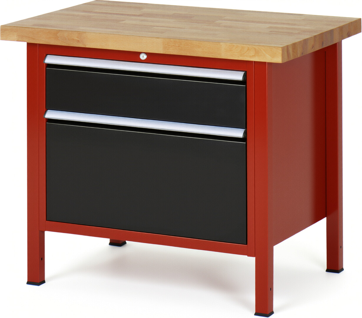 Werkbank Modell 8256 rot - schwarz, BxTxH 1000x700x840-1040 mm,  Buche-Massiv Arbeitsplatte 40 mm,  2 Schubladen mit  Auszug 90 %