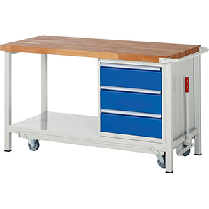 Werkbank mit absenkbarem Fahrgestell, Breite 150 cm, Tiefe 70 cm, Höhe 88 cm, 3 Schublade(n), Platte: Buche-Riegel