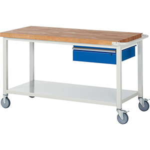 Fahrbare Werkbank, BxTxH 1500x700x880 mm, 1 Schublade 150 mm, Ablageboden, Platte Buche 40 mm, RAL 7035/5010