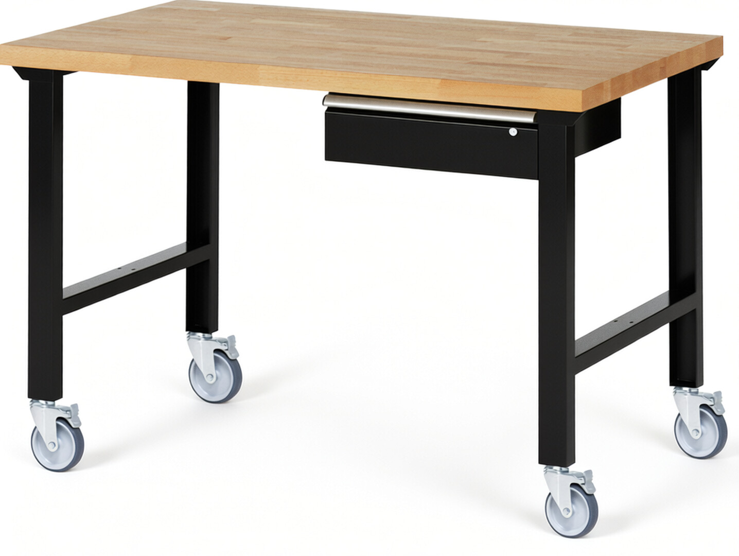 Fahrbare Werkbank Modell 7001 schwarz, BxTxH 1500x900x1000 mm,  Buche-Massiv Arbeitsplatte 40 mm,  1 Schublade mit  Auszug 90 %