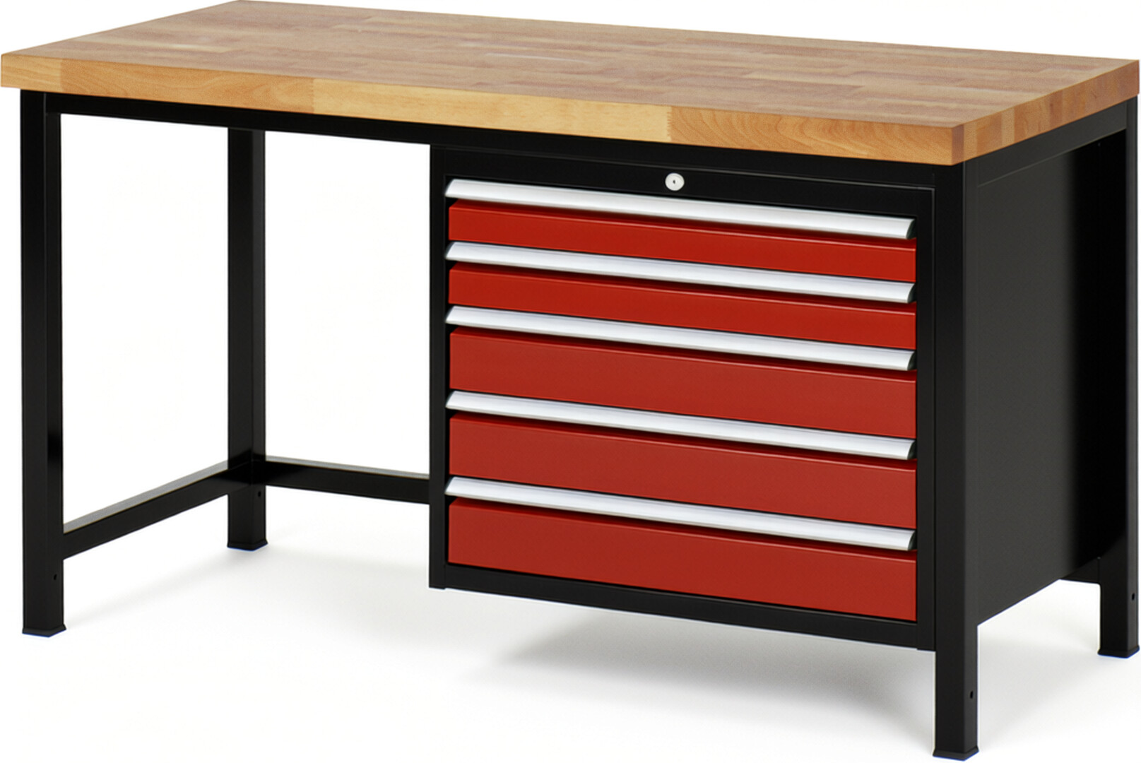 RAU Werkbank schwarz - rot - Breite 150 cm - Tiefe 70 cm - Höhe 104 cm - Buche-Massiv Arbeitsplatte 40 mm