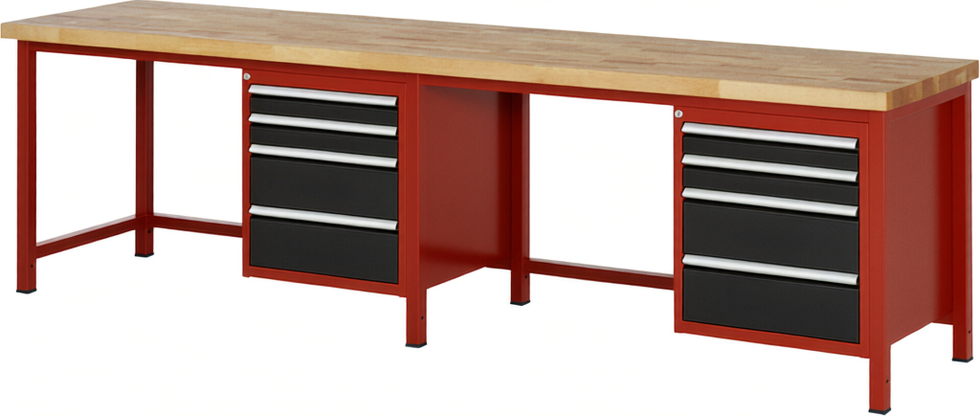 Werkbank Modell 8161 rot - schwarz, BxTxH 3000x700x840 mm,  Buche-Massiv Arbeitsplatte 40 mm,  8 Schubladen mit  Vollauszug 100 % und  SoftClosing