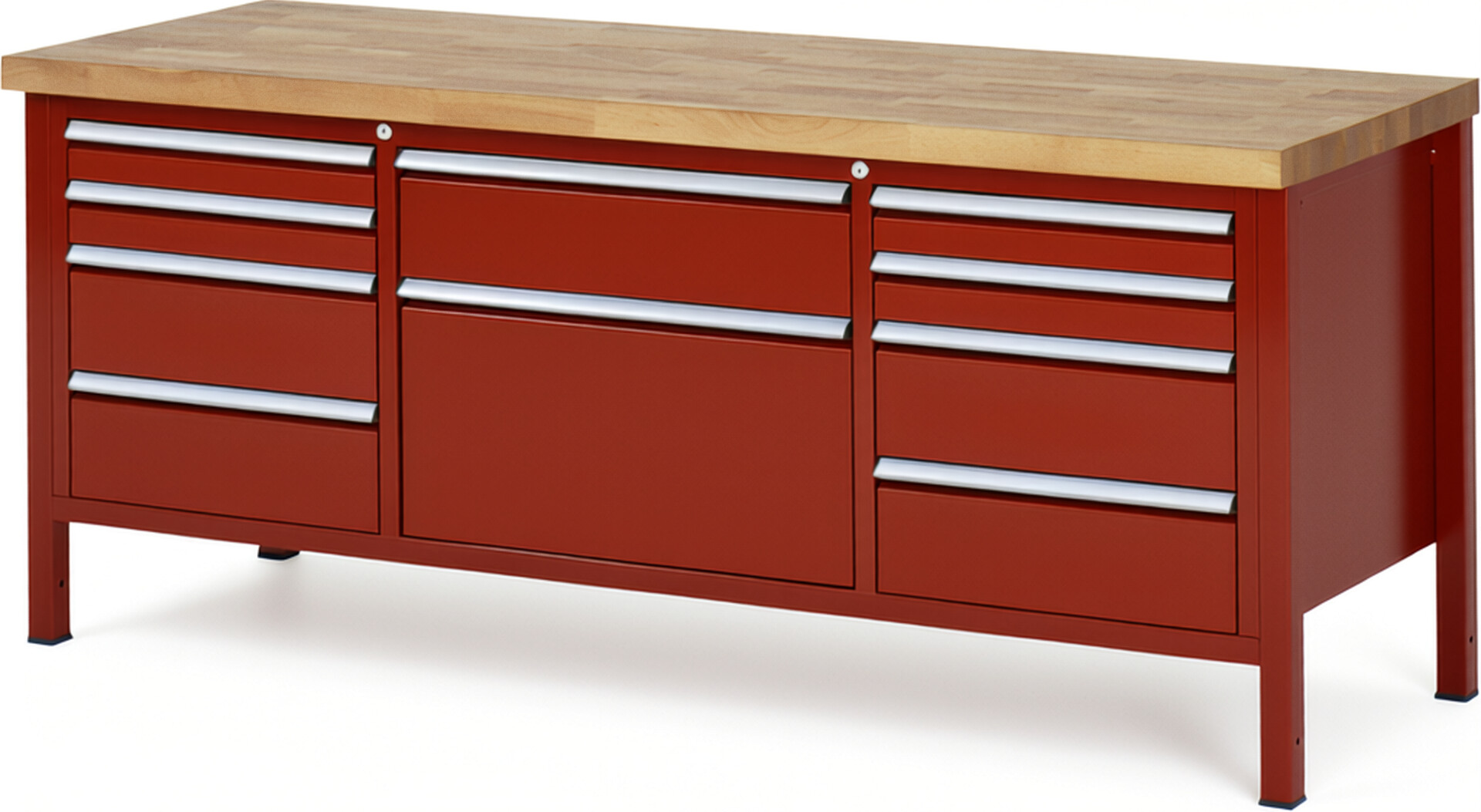 Werkbank Modell 8755 rot, BxTxH 2000x700x840 mm,  Buche-Massiv Arbeitsplatte 40 mm,  10 Schubladen mit  Vollauszug 100 % und  SoftClosing