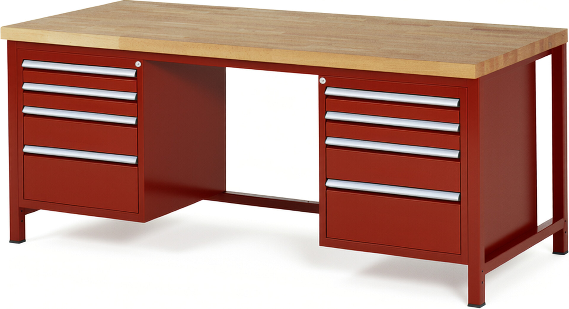 Werkbank Modell 8182 rot, BxTxH 2000x900x840-1040 mm,  Buche-Massiv Arbeitsplatte 40 mm,  8 Schubladen mit  Auszug 90 %