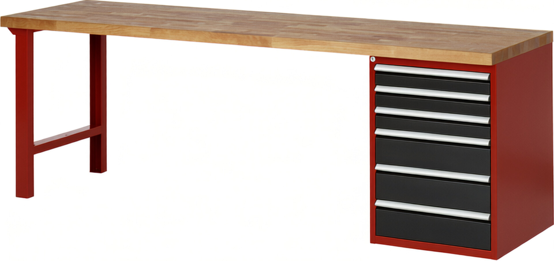 Werkbank Modell 7515 rot - schwarz, BxTxH 2500x700x890 mm,  Buche-Massiv Arbeitsplatte 40 mm,  6 Schubladen mit  Auszug 90 %