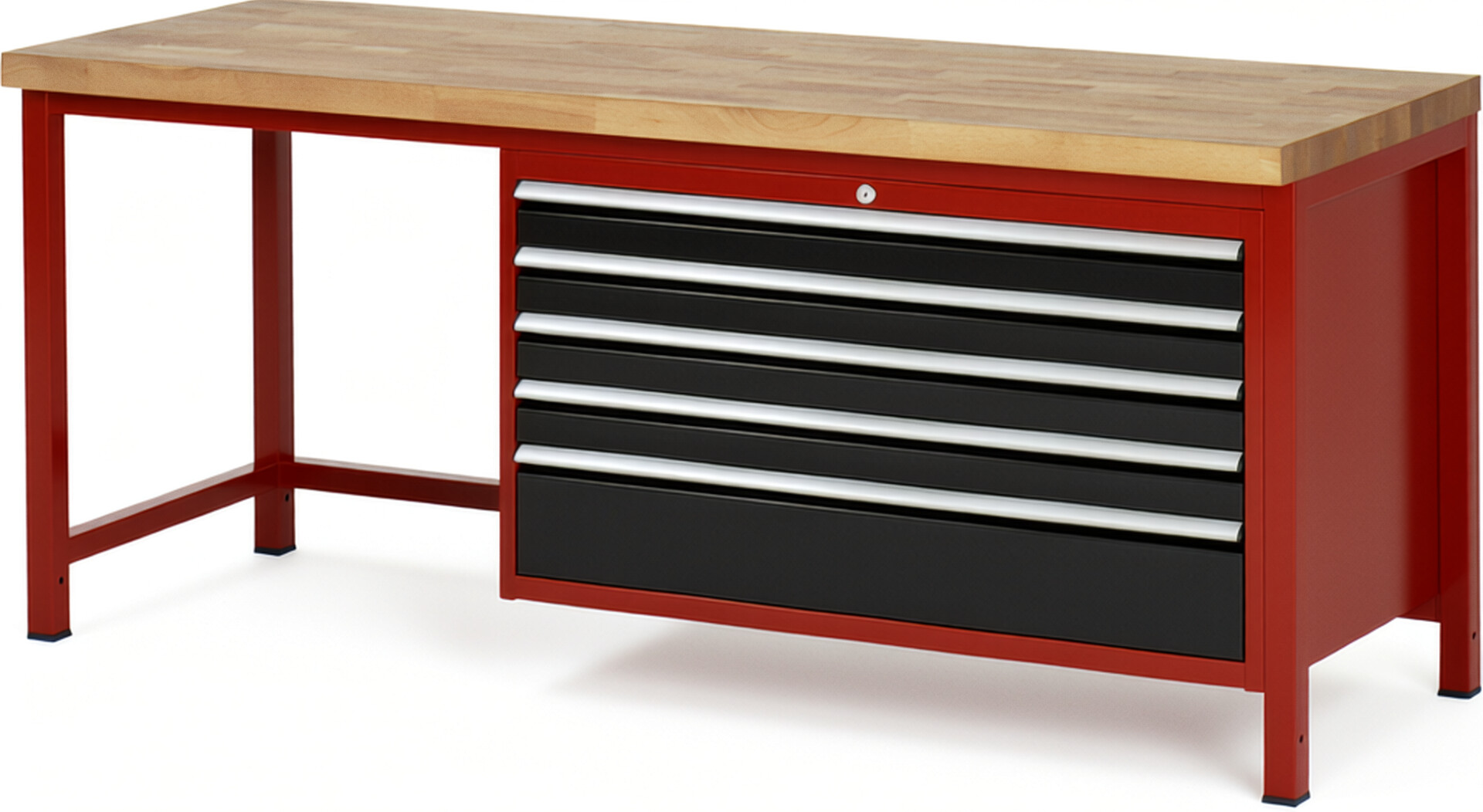 Werkbank Modell 8368 rot - schwarz, BxTxH 2000x700x840 mm,  Buche-Massiv Arbeitsplatte 40 mm,  5 Schubladen mit  Auszug 90 %