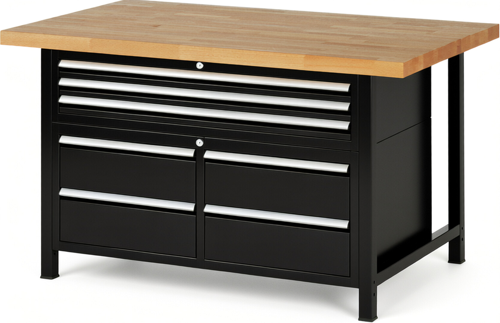 Werkbank Modell 8924 schwarz, BxTxH 1500x900x840 mm,  Buche-Massiv Arbeitsplatte 40 mm,  7 Schubladen mit  Vollauszug 100 % und  SoftClosing
