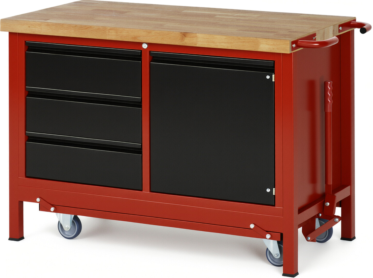 Absenkbare Werkbank - Modell 8468 BASIC rot - schwarz, BxTxH 1250x700x880 mm,  Buche-Massiv Arbeitsplatte 40 mm,  3 Schubladen mit  Auszug 90 %