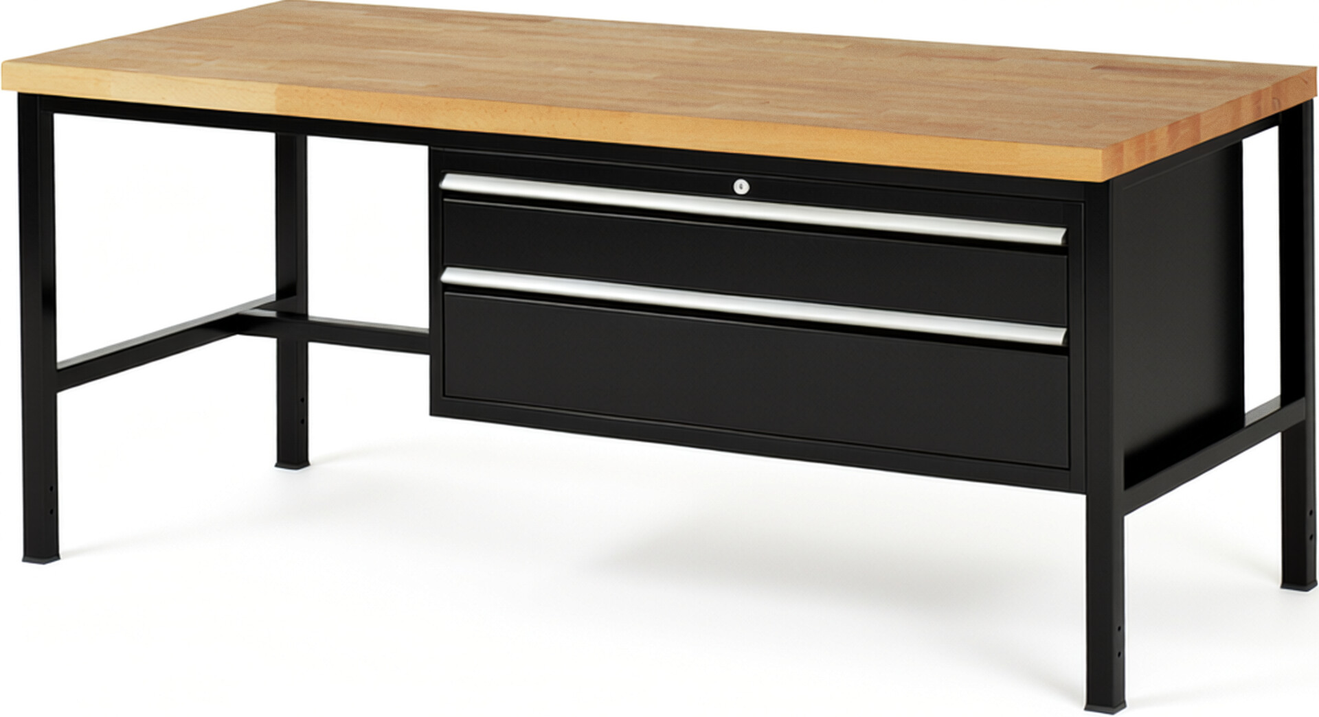 Werkbank Modell 8323 schwarz, BxTxH 2000x900x840 mm,  Buche-Massiv Arbeitsplatte 40 mm,  2 Schubladen mit  Auszug 90 %