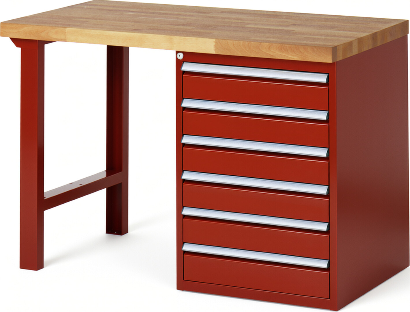 Werkbank Modell 7516 rot, BxTxH 1250x700x890 mm,  Buche-Massiv Arbeitsplatte 40 mm,  6 Schubladen mit  Vollauszug 100 % und  SoftClosing