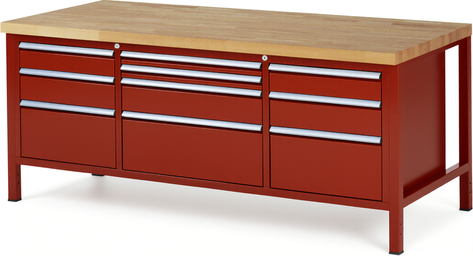 Werkbank Modell 8756 rot, BxTxH 2000x900x840-1040 mm,  Buche-Massiv Arbeitsplatte 40 mm,  10 Schubladen mit  Vollauszug 100 % und  SoftClosing
