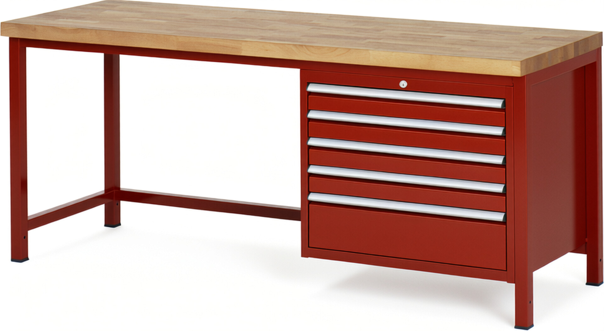 Werkbank Modell 8268 rot, BxTxH 2000x700x840 mm,  Buche-Massiv Arbeitsplatte 40 mm,  5 Schubladen mit  Vollauszug 100 % und  SoftClosing
