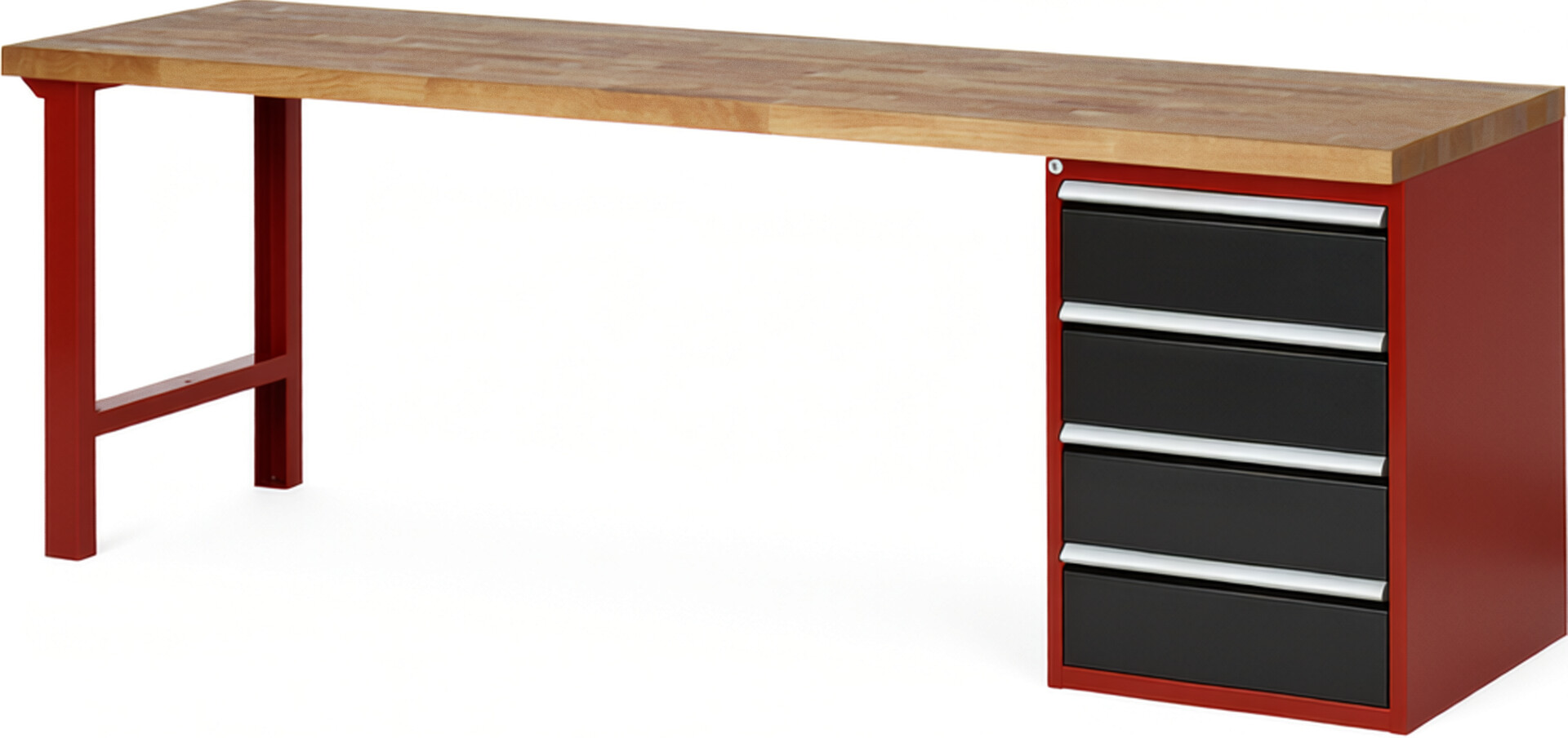 Werkbank Modell 7509 rot - schwarz, BxTxH 2500x700x890 mm,  Buche-Massiv Arbeitsplatte 40 mm,  4 Schubladen mit  Vollauszug 100 % und  SoftClosing