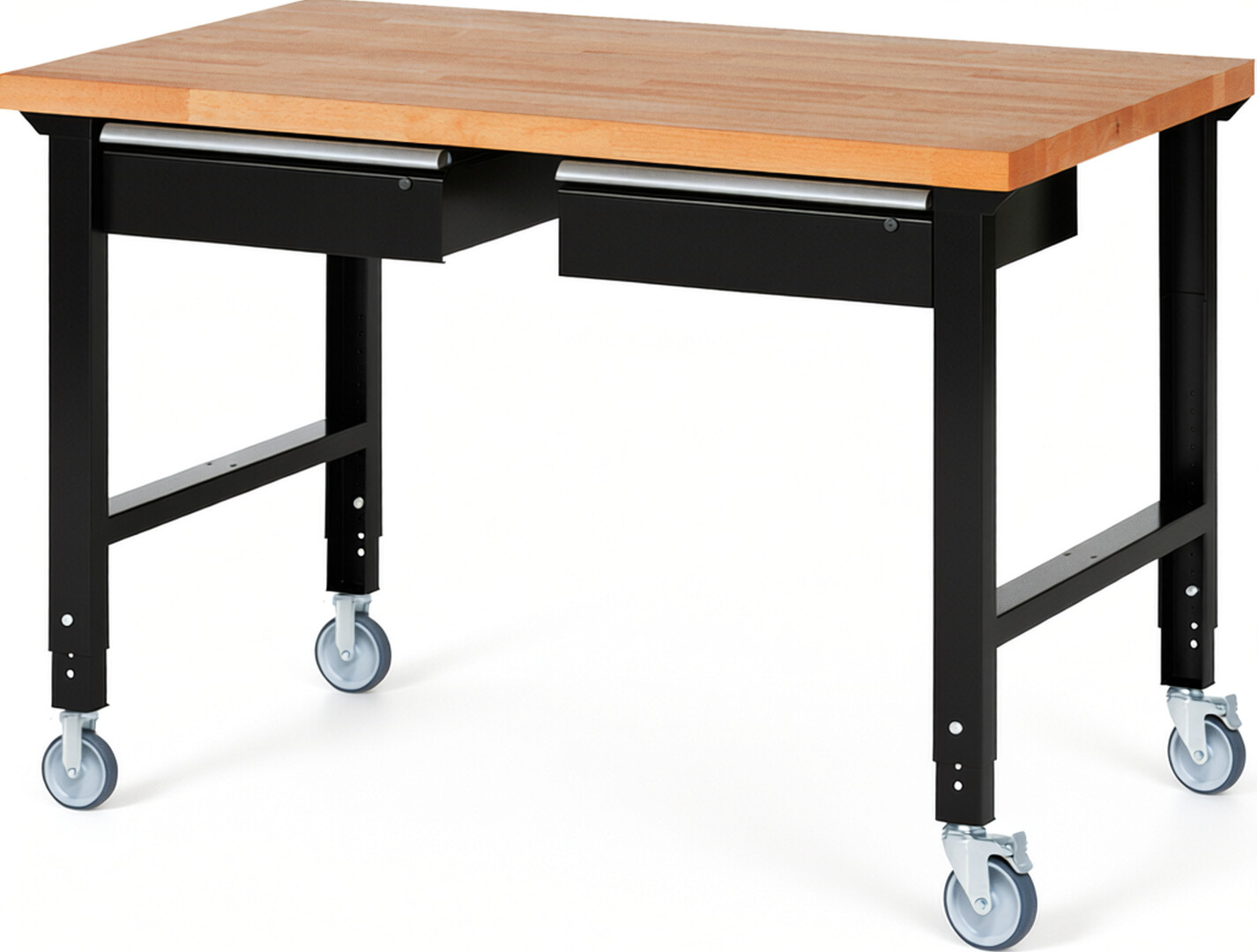 Fahrbare Werkbank Modell 7002 schwarz, BxTxH 1500x900x950-1000 mm,  Buche-Massiv Arbeitsplatte 40 mm,  2 Schubladen mit  Auszug 90 %