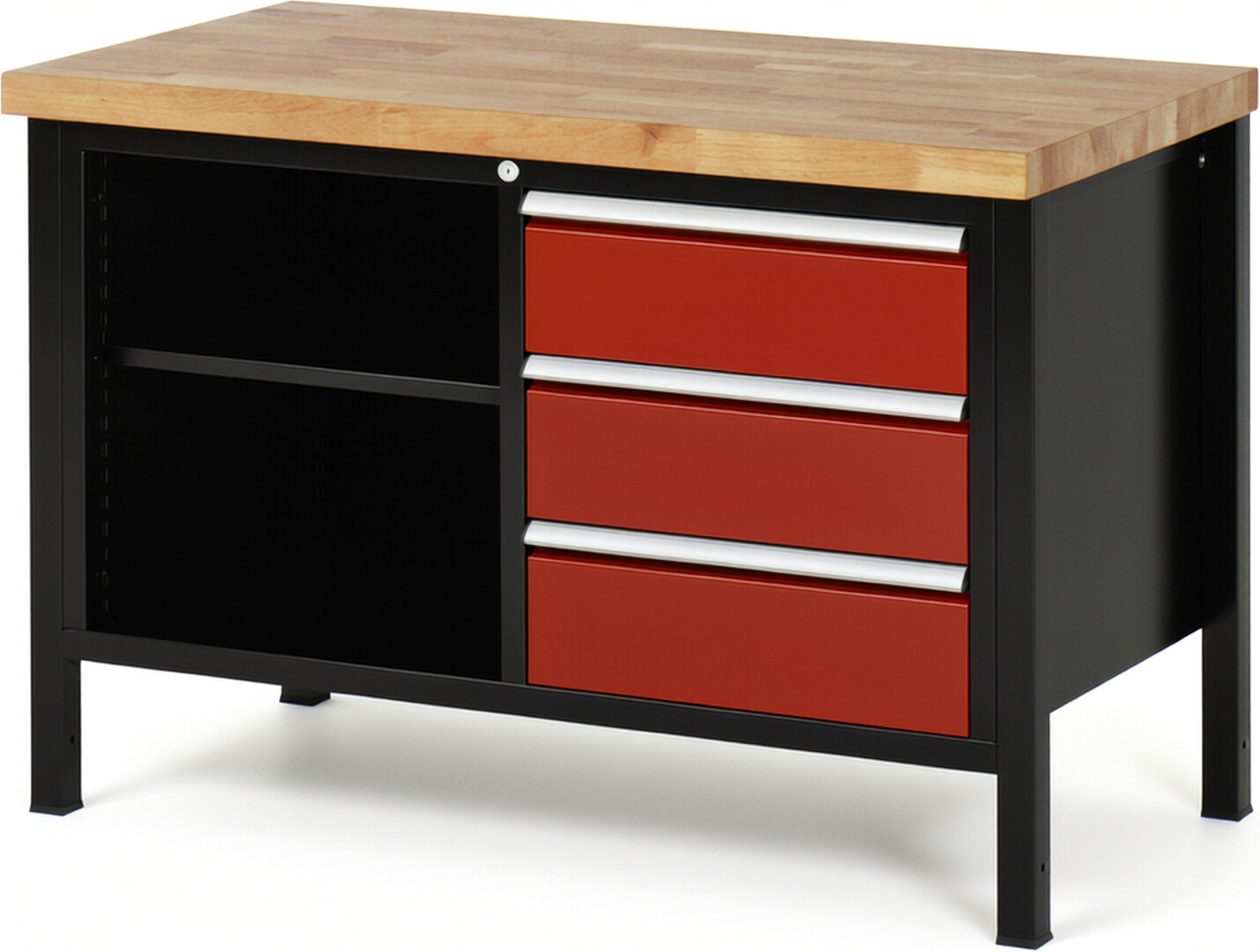 RAU Werkbank schwarz - rot - Breite 125 cm - Tiefe 70 cm - Höhe 104 cm - Buche-Massiv Arbeitsplatte 40 mm