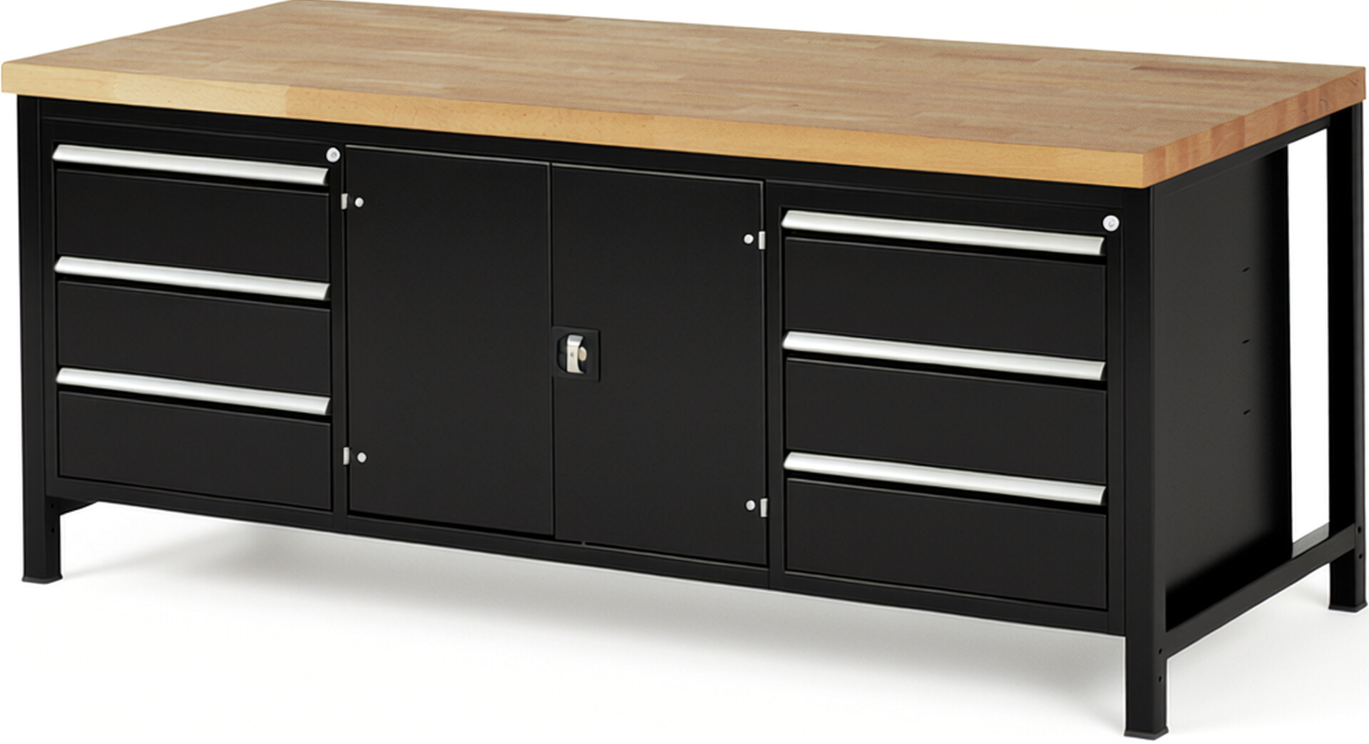 Werkbank Modell 8907 schwarz, BxTxH 2000x900x840-1040 mm,  Buche-Massiv Arbeitsplatte 40 mm,  6 Schubladen mit  Vollauszug 100 % und  SoftClosing