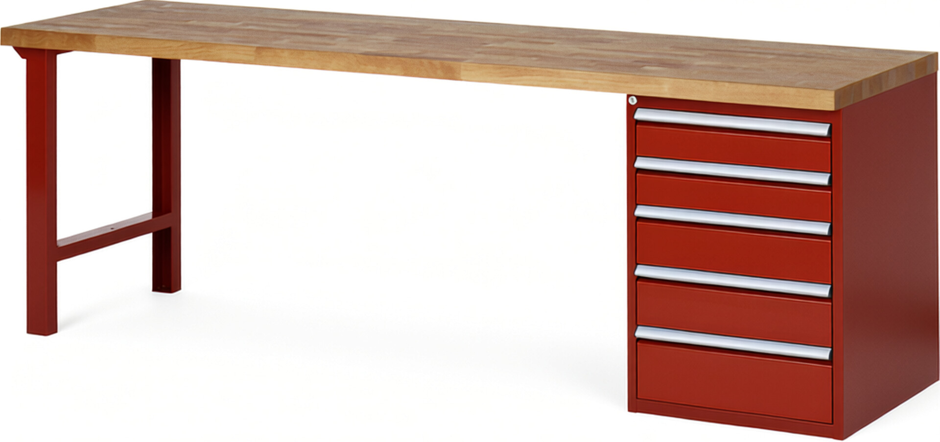 Werkbank Modell 7513 rot, BxTxH 2500x700x890 mm,  Buche-Massiv Arbeitsplatte 40 mm,  5 Schubladen mit  Auszug 90 %