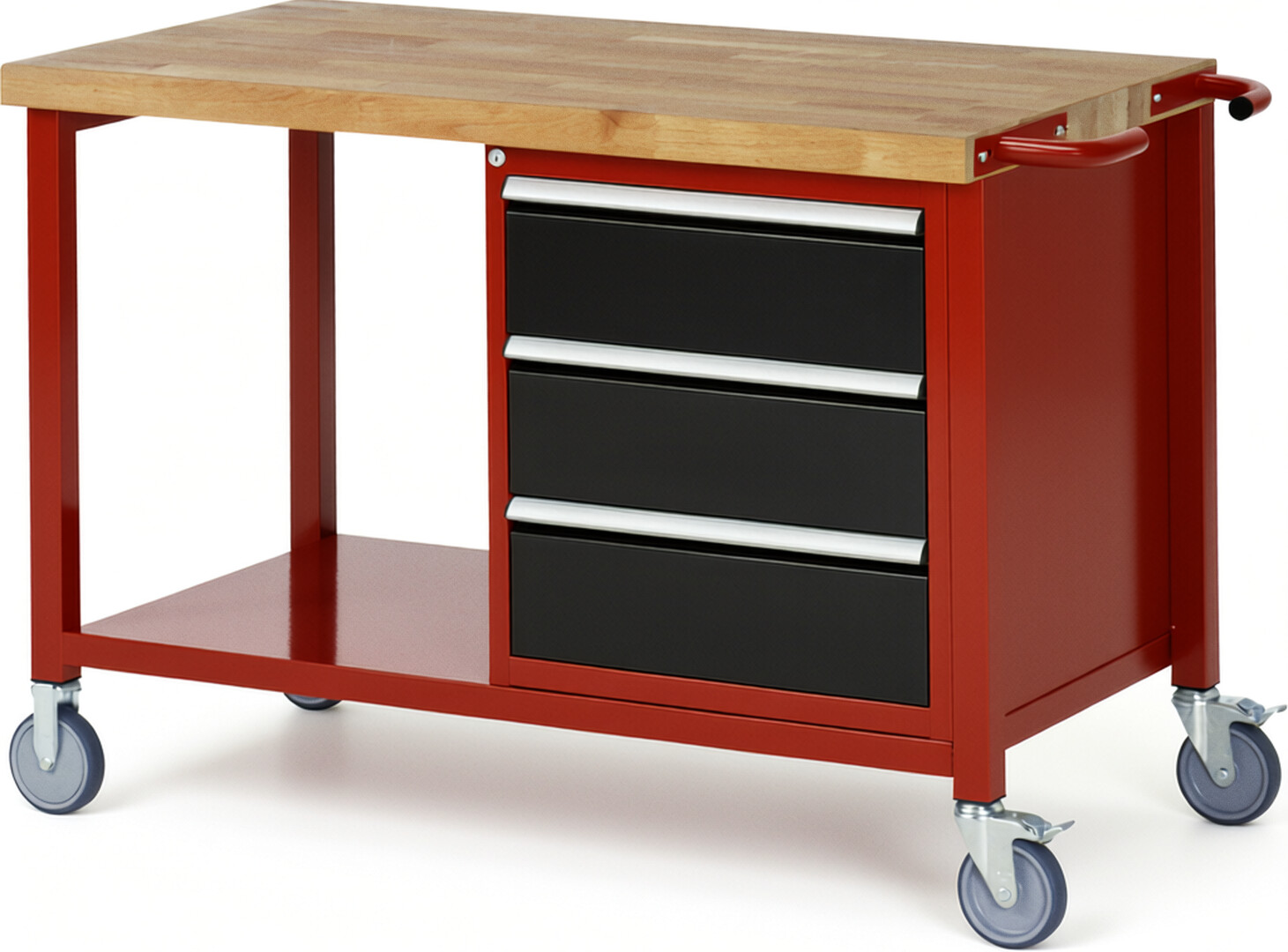 Fahrbare Werkbank Modell 8157 rot - schwarz, BxTxH 1250x700x880 mm,  Buche-Massiv Arbeitsplatte 40 mm,  3 Schubladen mit  Vollauszug 100 % und  SoftClosing