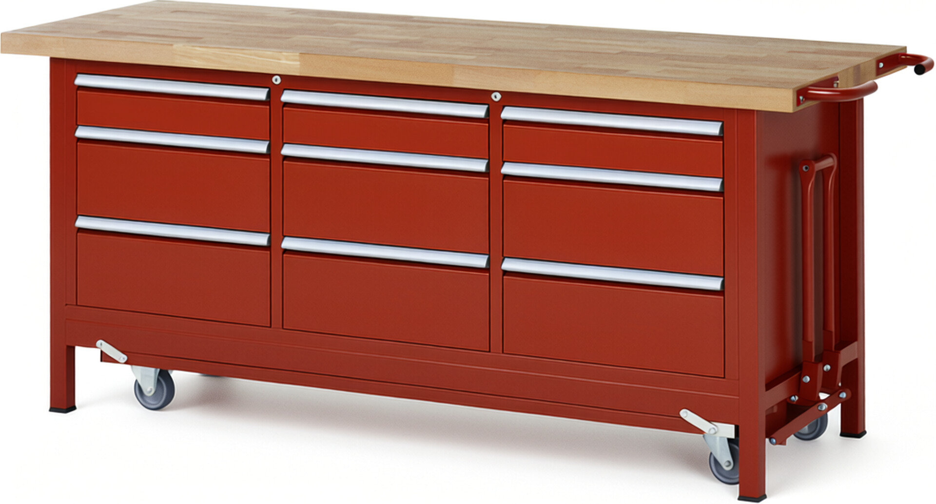 Absenkbare Werkbank Modell 8573 rot, BxTxH 2000x700x880 mm,  Buche-Massiv Arbeitsplatte 40 mm,  9 Schubladen mit  Auszug 90 %