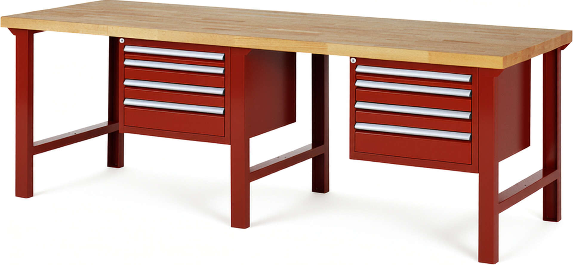 Werkbank Modell 7132 rot, BxTxH 2500x900x840 mm,  Buche-Massiv Arbeitsplatte 40 mm,  8 Schubladen mit  Auszug 90 %