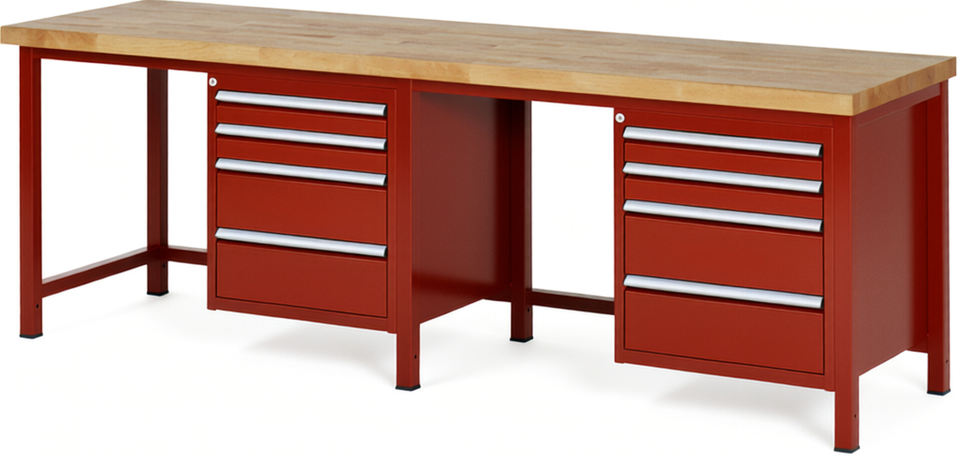 Werkbank Modell 8161 rot, BxTxH 2500x700x840 mm,  Buche-Massiv Arbeitsplatte 40 mm,  8 Schubladen mit  Vollauszug 100 % und  SoftClosing