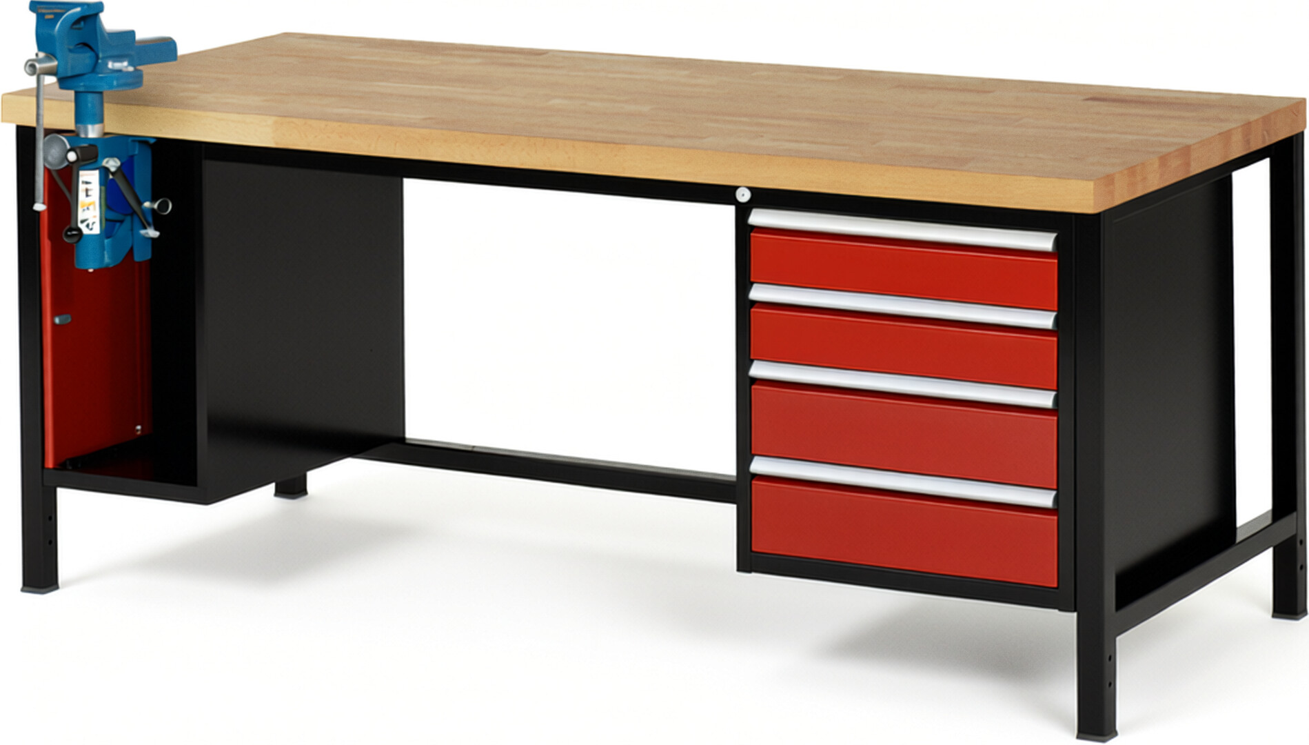 RAU Werkbank schwarz - rot - Breite 200 cm - Tiefe 90 cm - Höhe 104 cm - Buche-Massiv Arbeitsplatte 40 mm
