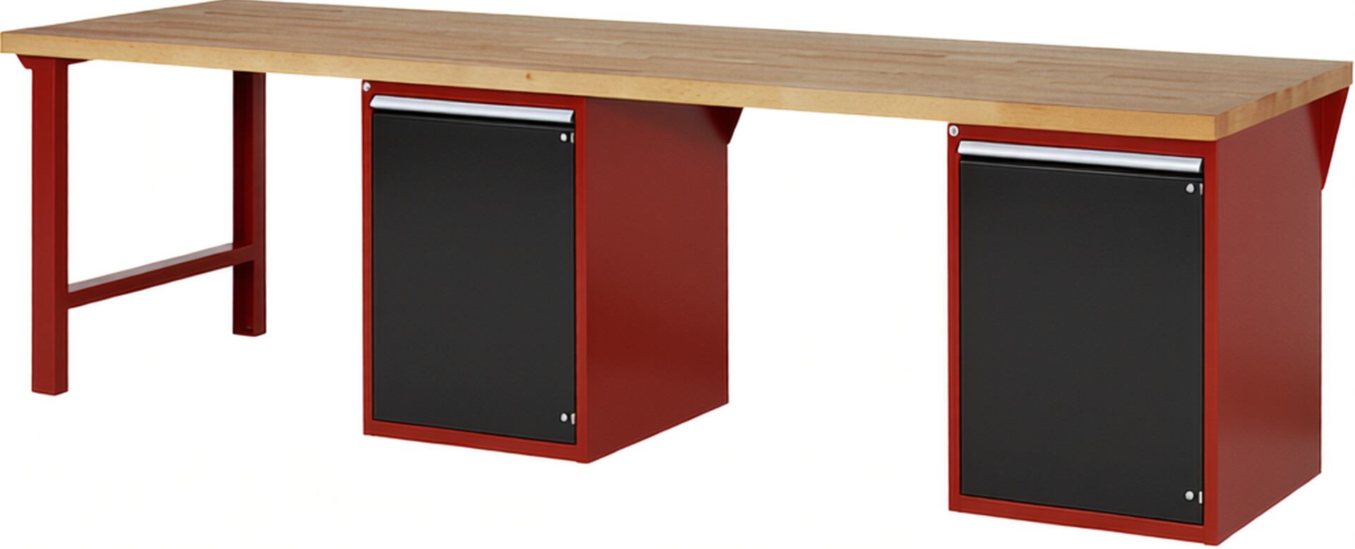 Werkbank Modell 7501 rot - schwarz, BxTxH 3000x900x890 mm,  Buche-Massiv Arbeitsplatte 40 mm