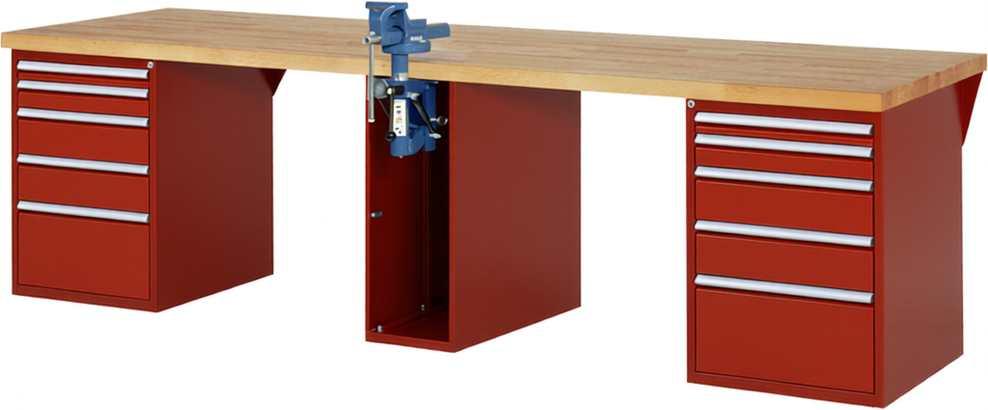 Werkbank Modell 7511 rot, BxTxH 3000x900x890 mm,  Buche-Massiv Arbeitsplatte 40 mm,  10 Schubladen mit  Auszug 90 %