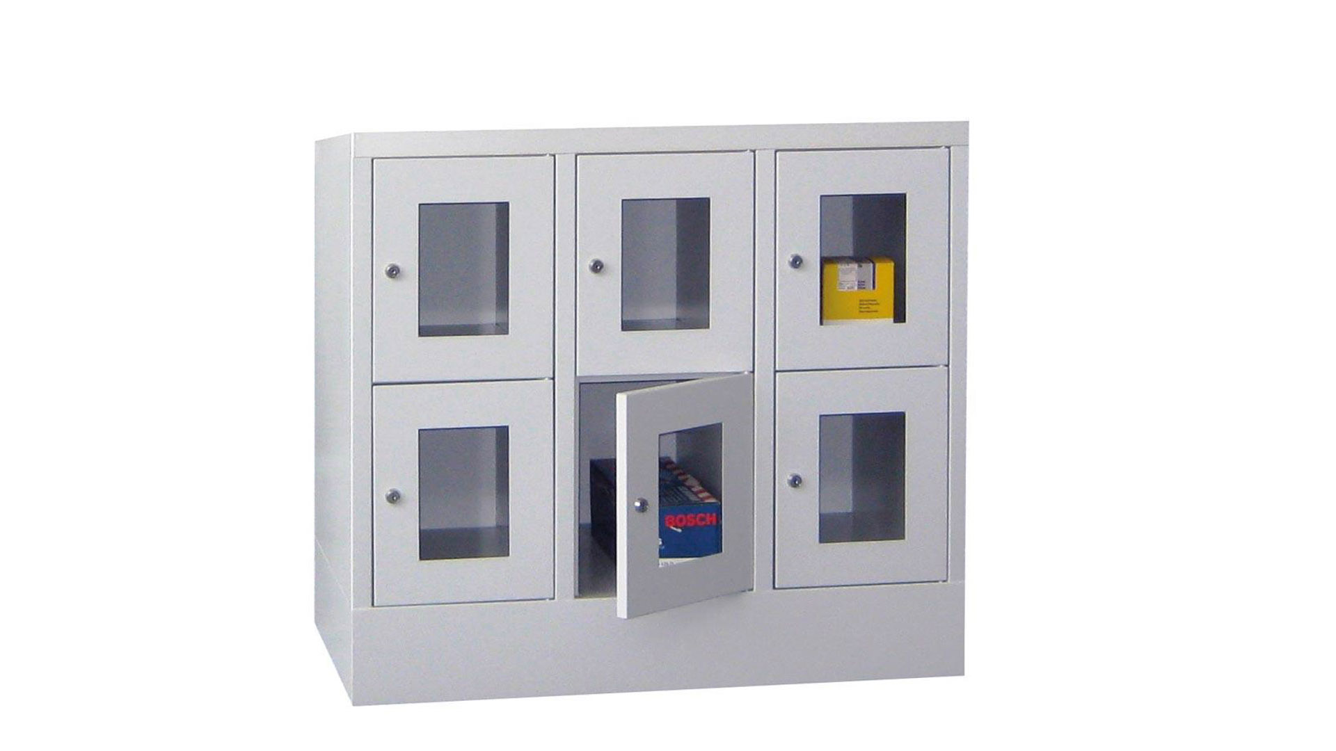 Fächerschränke mit Sichtfenstertüren, Breite 60 cm, Höhe 118,7 cm, Tiefe 50 cm, 2x3 Fächer