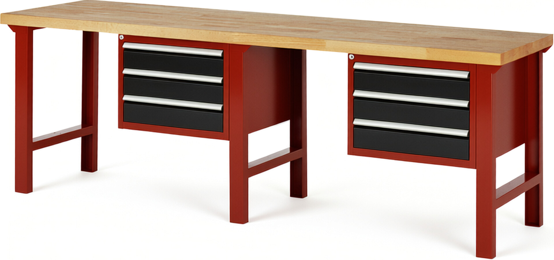 Werkbank Modell 7127 rot - schwarz, BxTxH 2500x700x840 mm,  Buche-Massiv Arbeitsplatte 40 mm,  6 Schubladen mit  Vollauszug 100 % und  SoftClosing