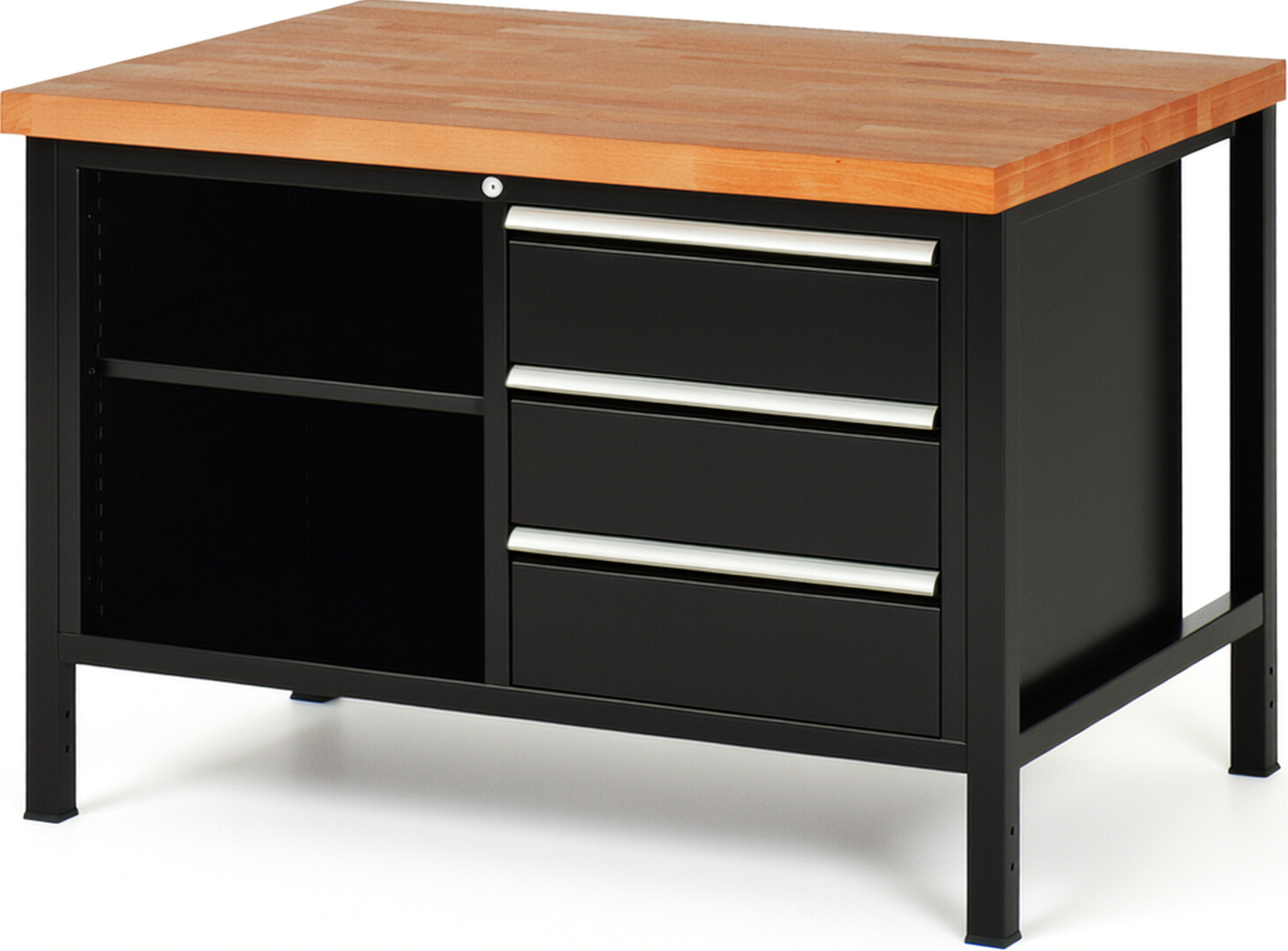 Werkbank Modell 8462 schwarz, BxTxH 1250x900x840 mm,  Buche-Massiv Arbeitsplatte 40 mm,  3 Schubladen mit  Auszug 90 %