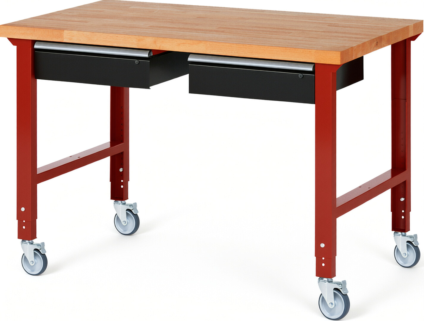Fahrbare Werkbank Modell 7002 rot - schwarz, BxTxH 1500x900x950-1000 mm,  Buche-Massiv Arbeitsplatte 40 mm,  2 Schubladen mit  Auszug 90 %