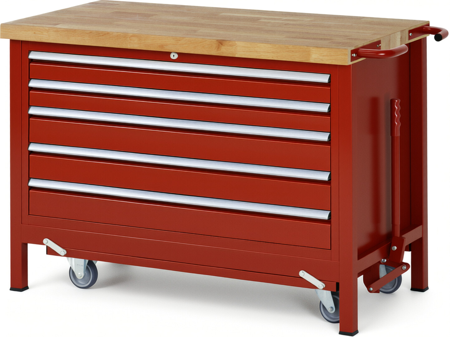 Absenkbare Werkbank Modell 8371 rot, BxTxH 1250x700x880 mm,  Buche-Massiv Arbeitsplatte 40 mm,  5 Schubladen mit  Auszug 90 %