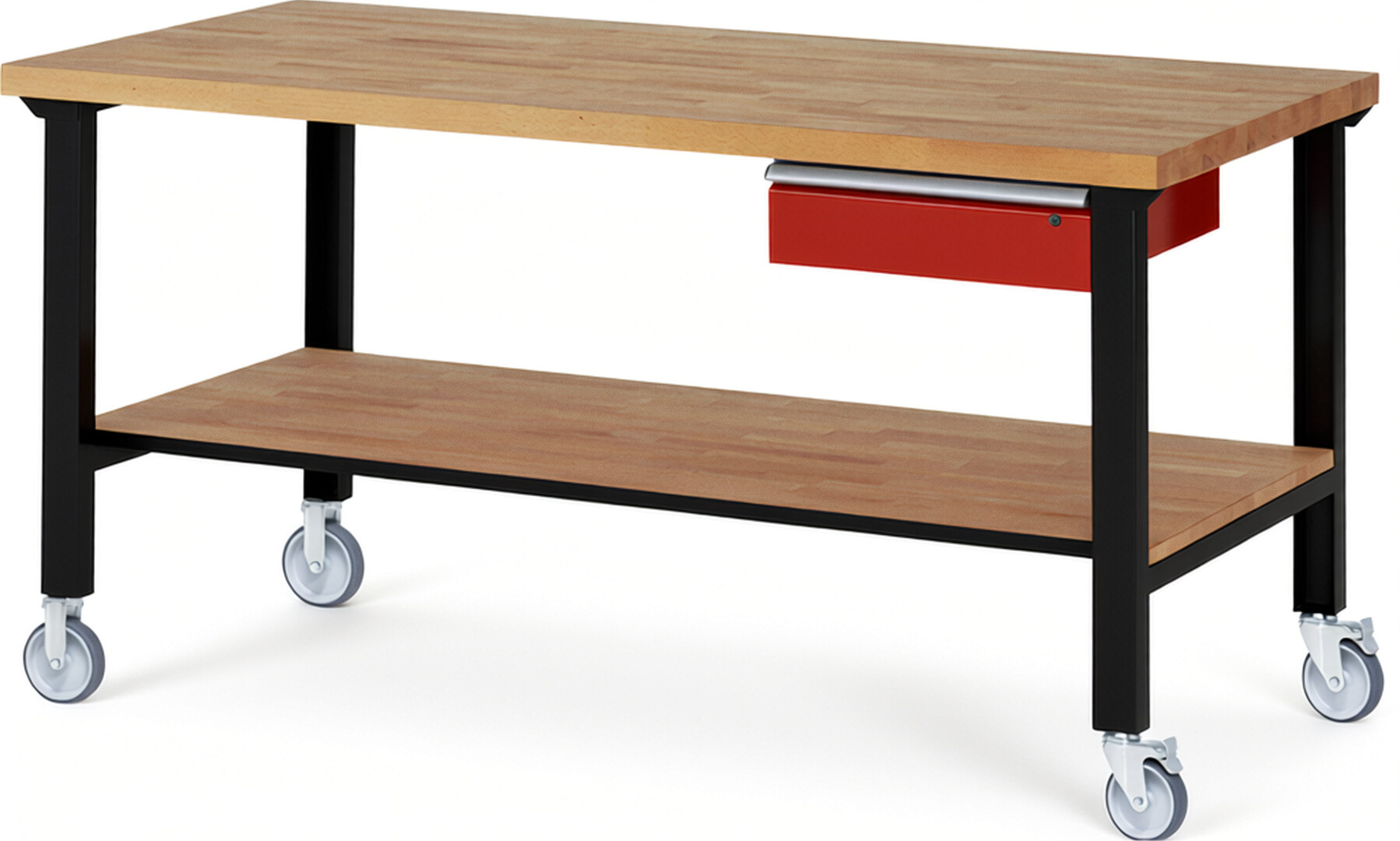 RAU Werkbank schwarz - rot - Breite 200 cm - Tiefe 90 cm - Höhe 100 cm - Buche-Massiv Arbeitsplatte 40 mm