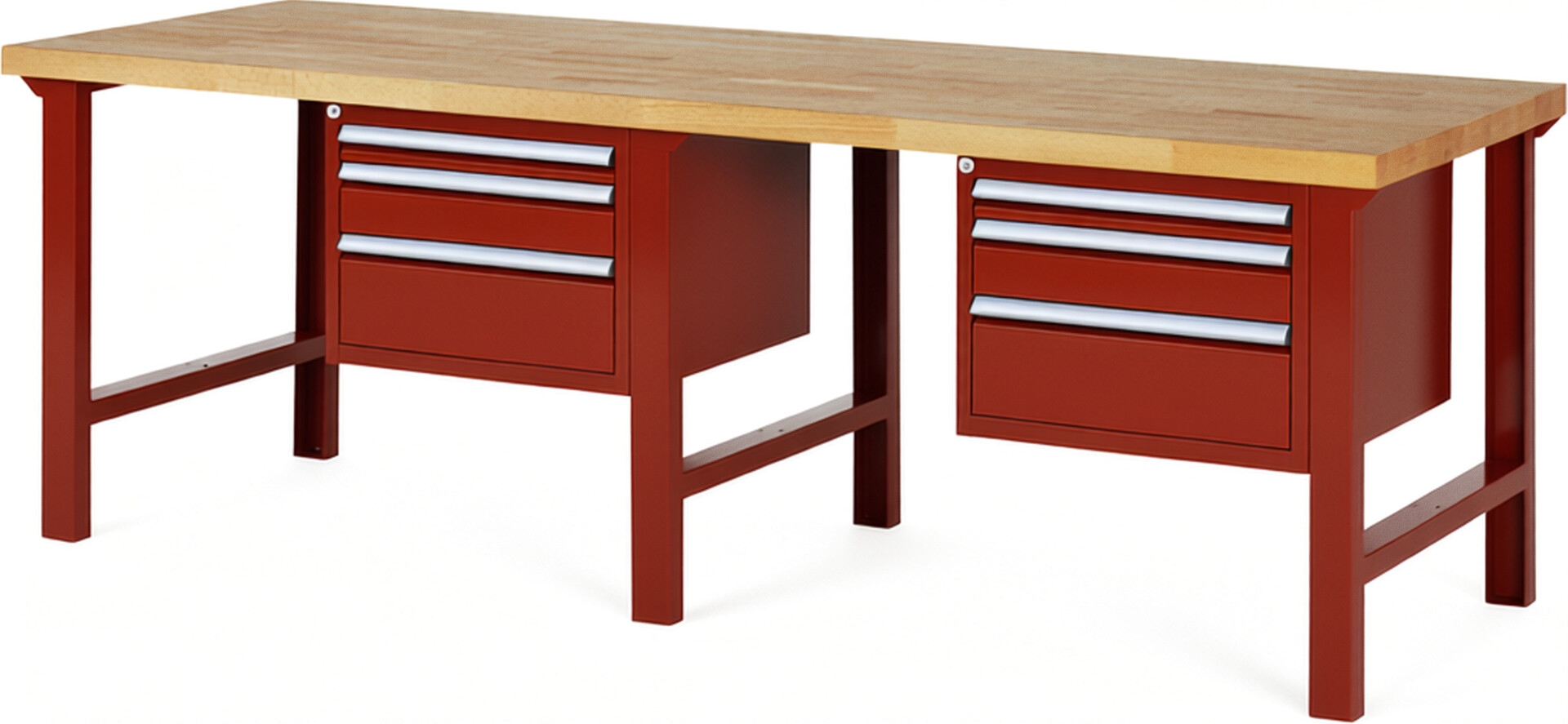 Werkbank Modell 7126 rot, BxTxH 2500x900x840 mm,  Buche-Massiv Arbeitsplatte 40 mm,  6 Schubladen mit  Auszug 90 %