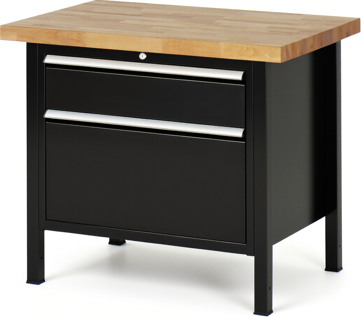 Werkbank Modell 8256 schwarz, BxTxH 1000x700x840-1040 mm,  Buche-Massiv Arbeitsplatte 40 mm,  2 Schubladen mit  Auszug 90 %