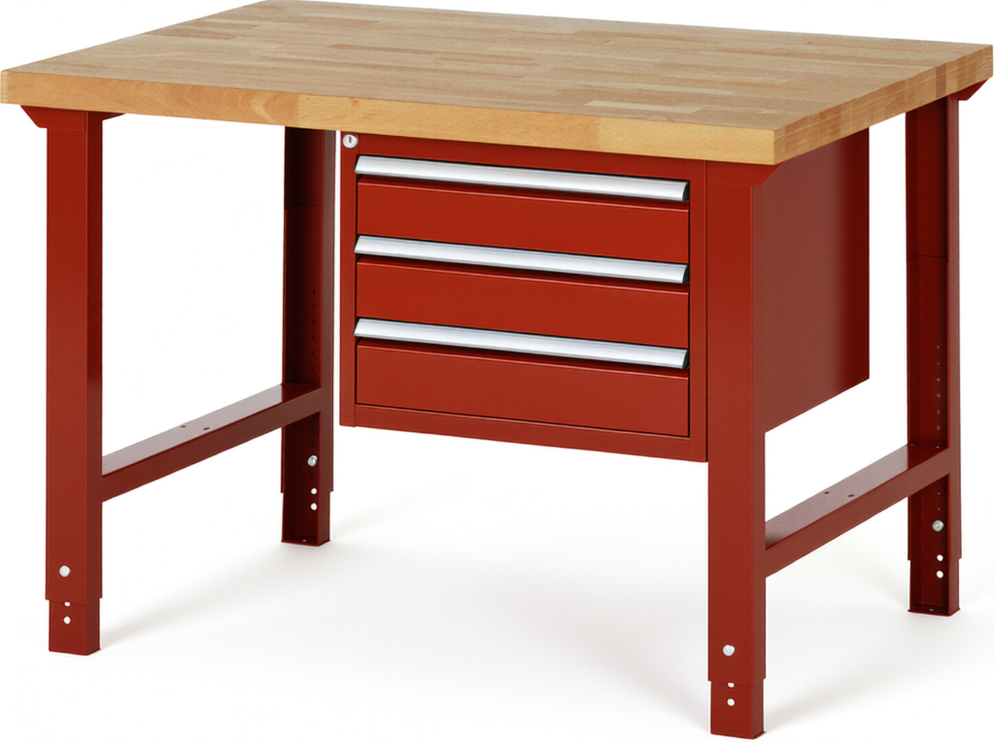 Werkbank Modell 7127 rot, BxTxH 1250x900x790-1140 mm,  Buche-Massiv Arbeitsplatte 40 mm,  3 Schubladen mit  Vollauszug 100 % und  SoftClosing