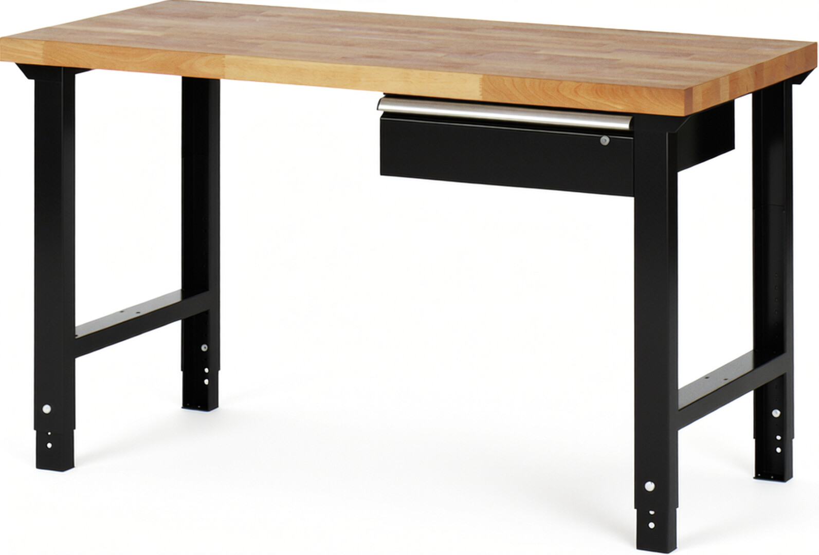 Werkbank Modell 7001 schwarz, BxTxH 1500x700x790-1140 mm,  Buche-Massiv Arbeitsplatte 40 mm,  1 Schublade mit  Auszug 90 %