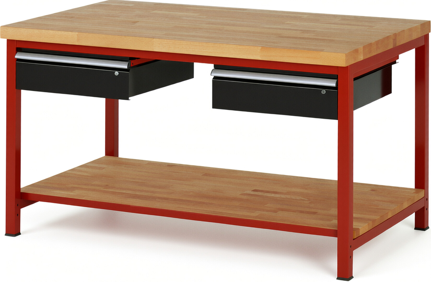 Werkbank Modell 8002 rot - schwarz, BxTxH 1500x900x840-1040 mm,  Buche-Massiv Arbeitsplatte 40 mm,  2 Schubladen mit  Auszug 90 %