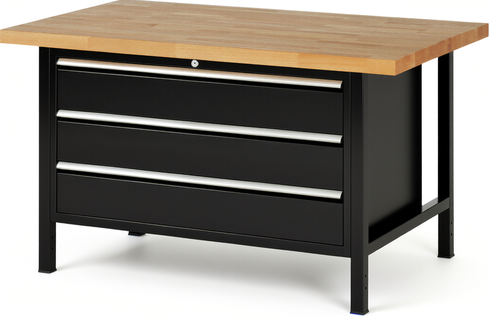 Werkbank Modell 8357 schwarz, BxTxH 1500x900x840 mm,  Buche-Massiv Arbeitsplatte 40 mm,  3 Schubladen mit  Auszug 90 %