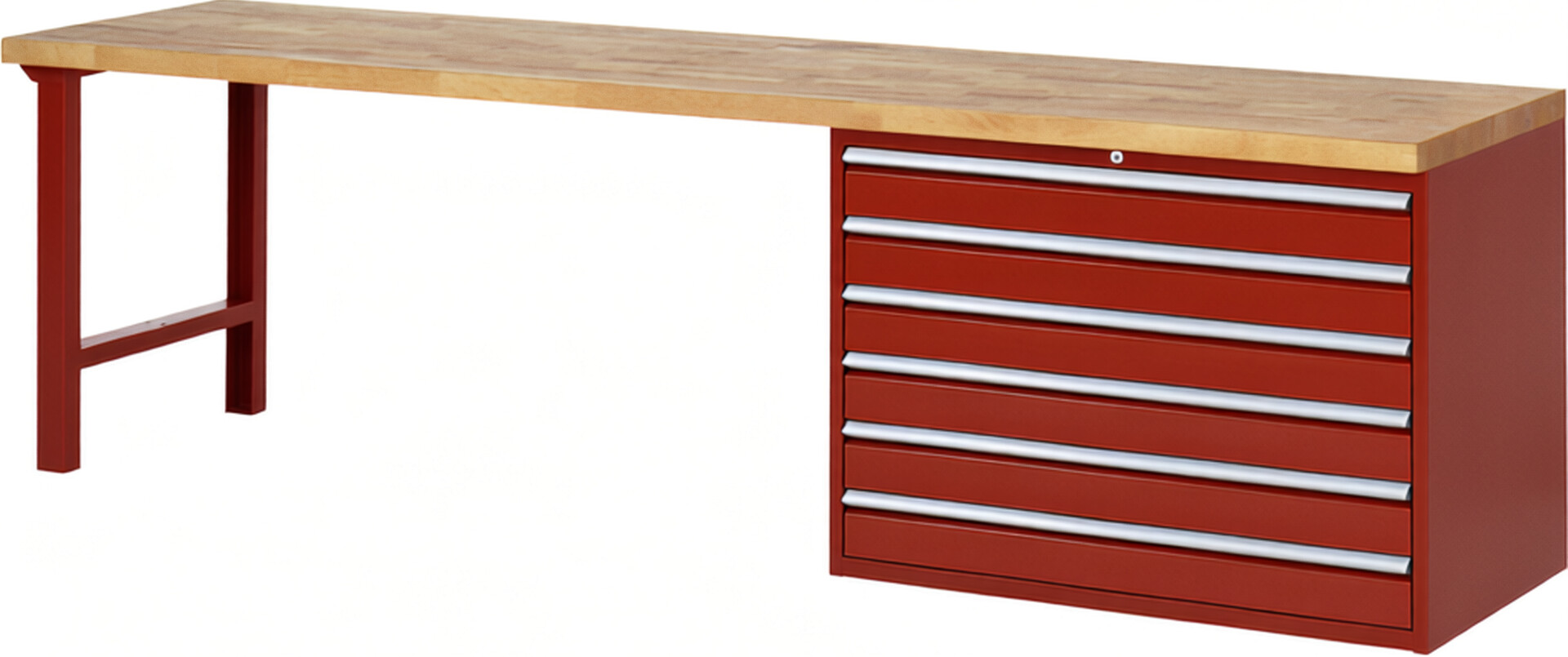 Werkbank Modell 7716 rot, BxTxH 3000x700x890 mm,  Buche-Massiv Arbeitsplatte 40 mm,  6 Schubladen mit  Auszug 90 %