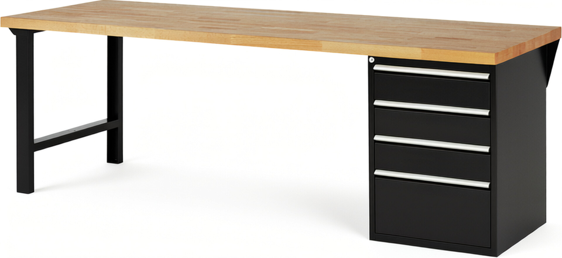 Werkbank Modell 7510 schwarz, BxTxH 2500x900x890 mm,  Buche-Massiv Arbeitsplatte 40 mm,  4 Schubladen mit  Auszug 90 %