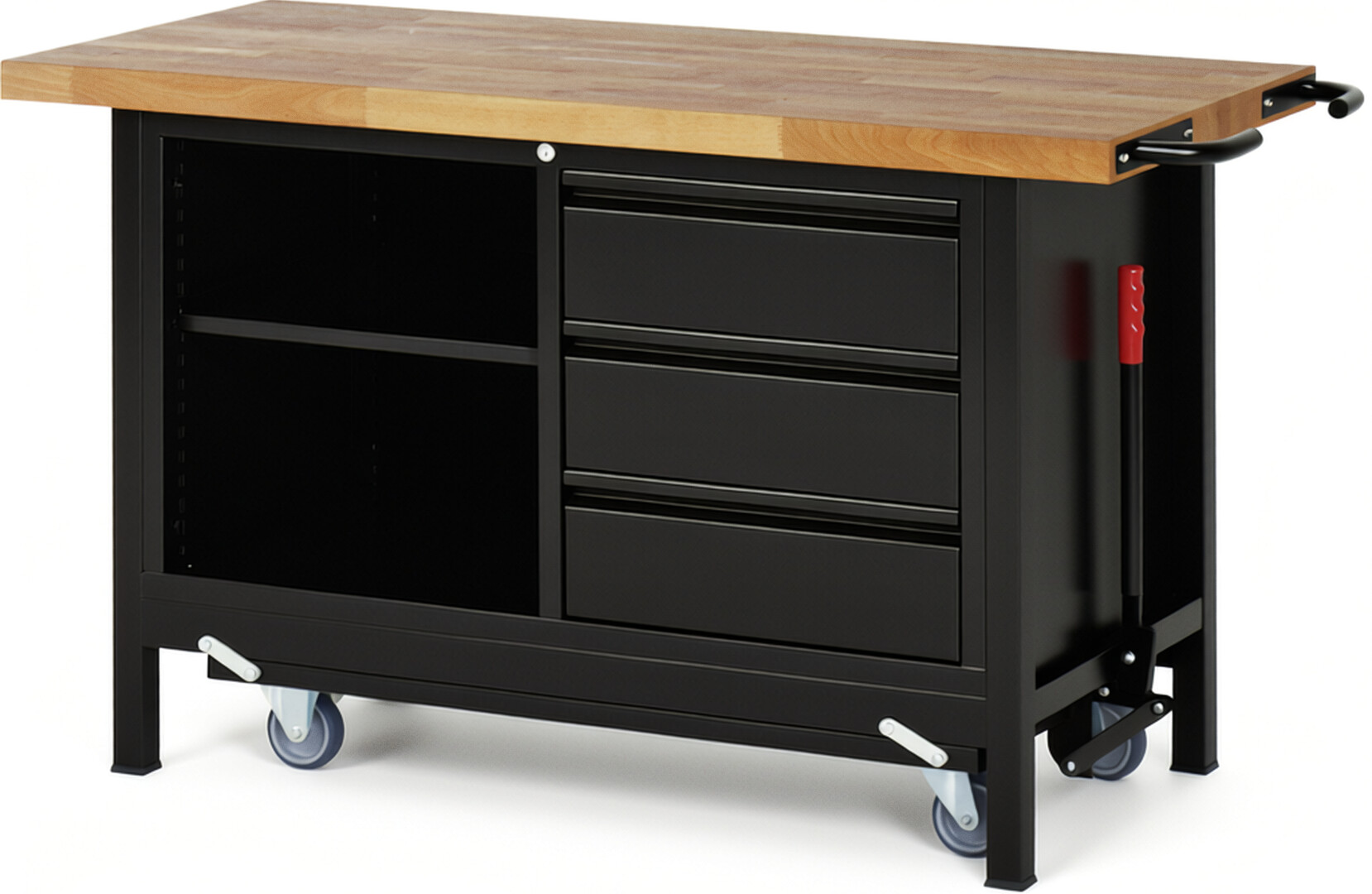 Absenkbare Werkbank - Modell 8462 BASIC schwarz, BxTxH 1500x700x880 mm,  Buche-Massiv Arbeitsplatte 40 mm,  3 Schubladen mit  Auszug 90 %