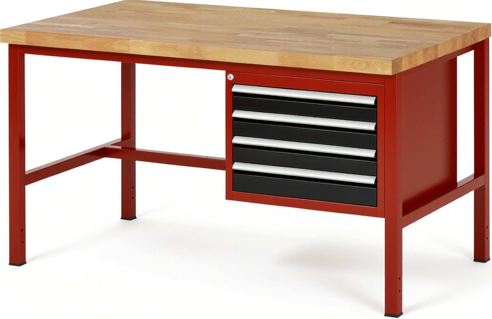 Werkbank Modell 8133 rot - schwarz, BxTxH 1500x900x840 mm,  Buche-Massiv Arbeitsplatte 40 mm,  4 Schubladen mit  Auszug 90 %