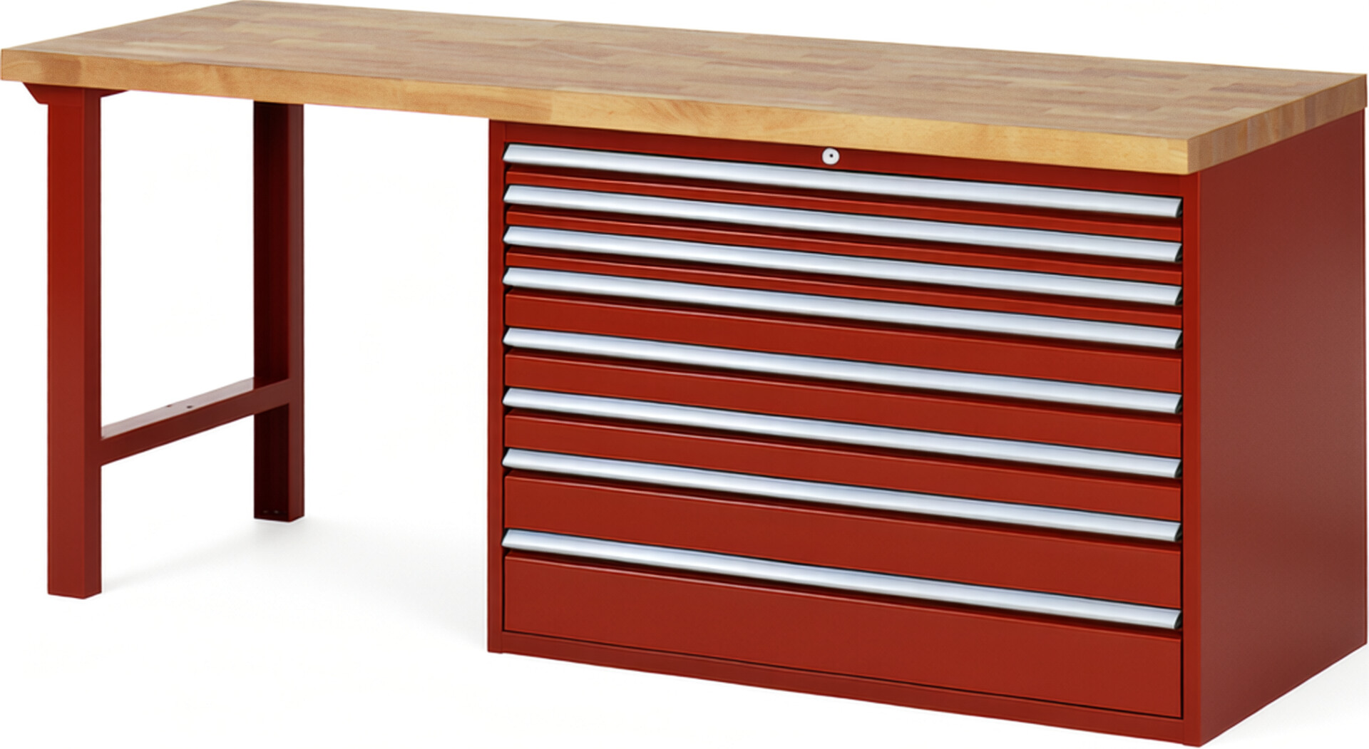 RAU Werkbank rot - Breite 200 cm - Tiefe 70 cm - Höhe 84 cm - Buche-Massiv Arbeitsplatte 40 mm