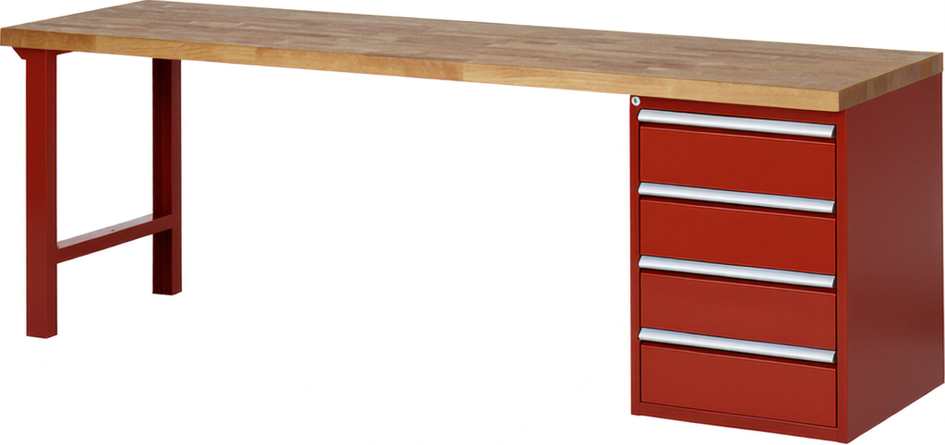 Werkbank Modell 7509 rot, BxTxH 2500x700x890 mm,  Buche-Massiv Arbeitsplatte 40 mm,  4 Schubladen mit  Vollauszug 100 % und  SoftClosing