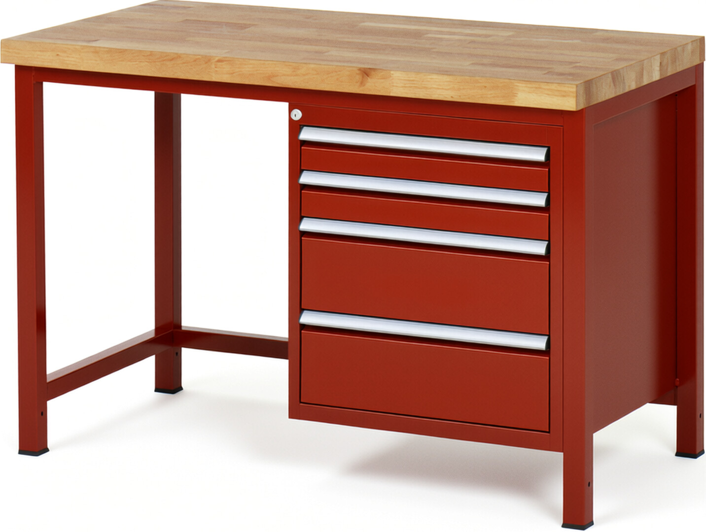 Werkbank Modell 8161 rot, BxTxH 1250x700x840-1040 mm,  Buche-Massiv Arbeitsplatte 40 mm,  4 Schubladen mit  Auszug 90 %